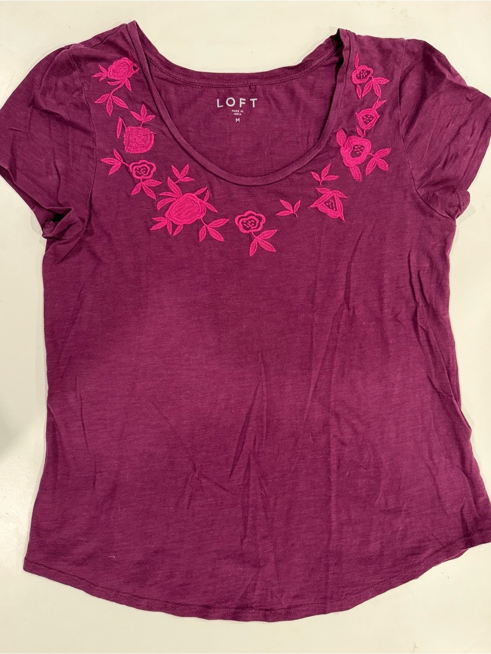 LOFT Plum Short Sleeve Scoop Neck Tee with Pink Floral Embroidery